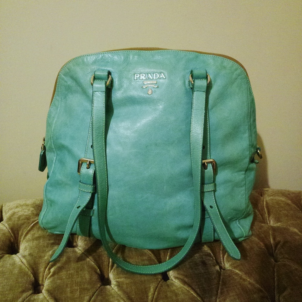 PRADA VINTAGE TEAL TOP HANDLE TOTE BAG